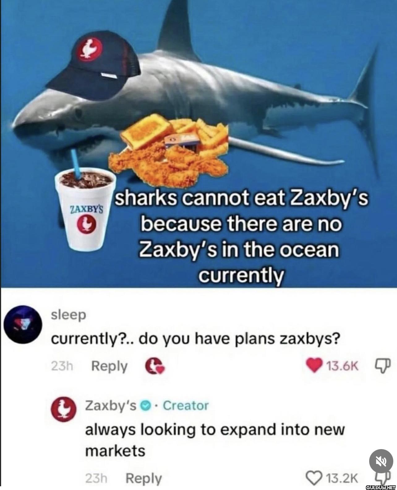 sharks cannot eat Zaxby's...