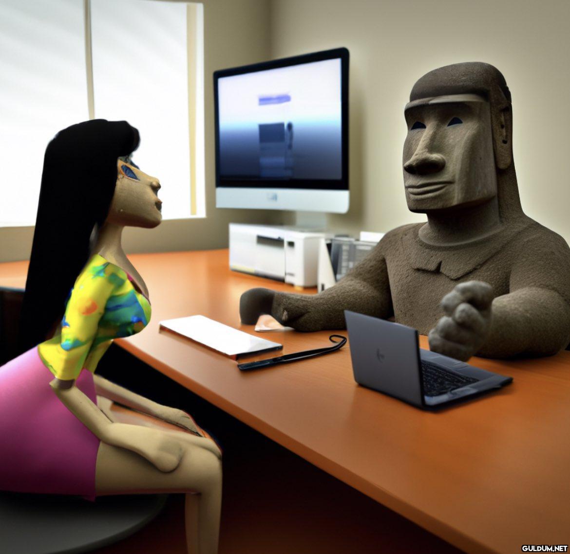 Moai statue interviewing a...