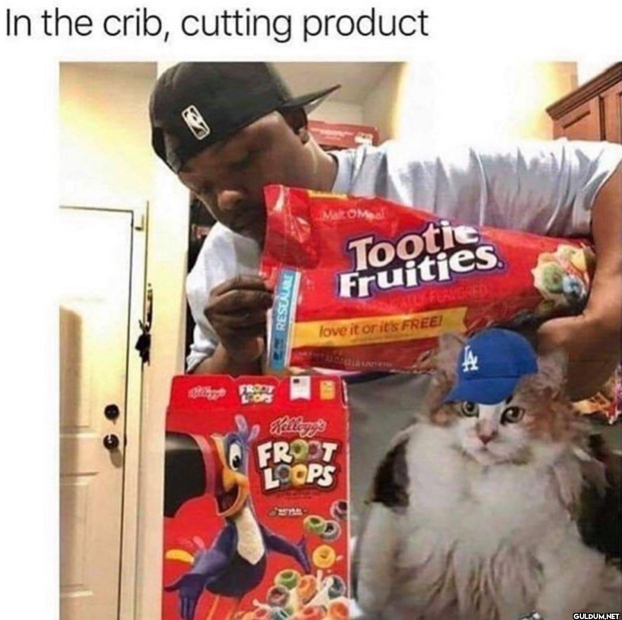 In the crib, cutting...